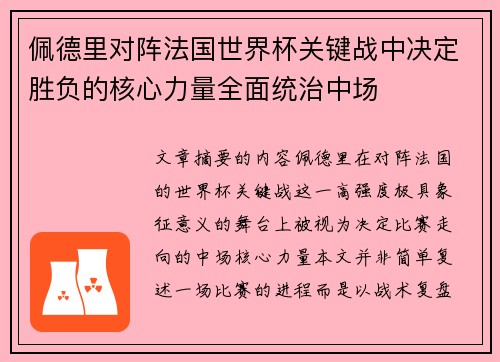 佩德里对阵法国世界杯关键战中决定胜负的核心力量全面统治中场